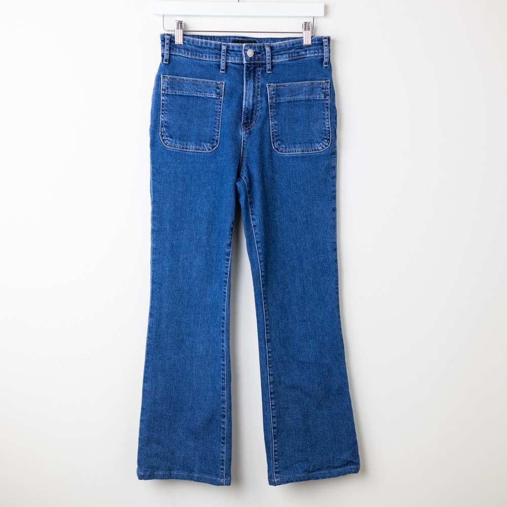 Free Assembly Jeans Slim Flare Patch Pocket Womens 4 Blue High Rise Stretch Boho